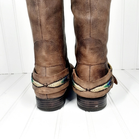 Lucky Brand Blue Jeans America Brown Leather Ankle Harness Knee High BOOTS P727 - Picture 8 of 11
